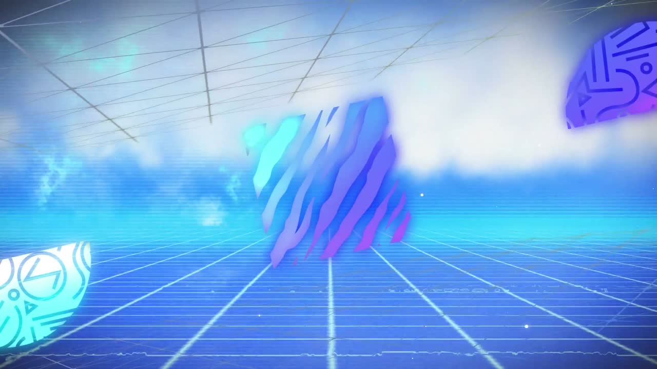 파란색 그리드 위에서 변화하는 추상적인 다채로운 모양의 애니메이션