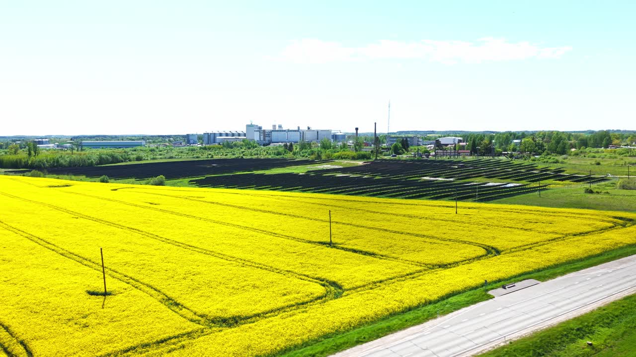 Drone orbits over vivid rapeseed field with solar panel rows in spring rural farmland