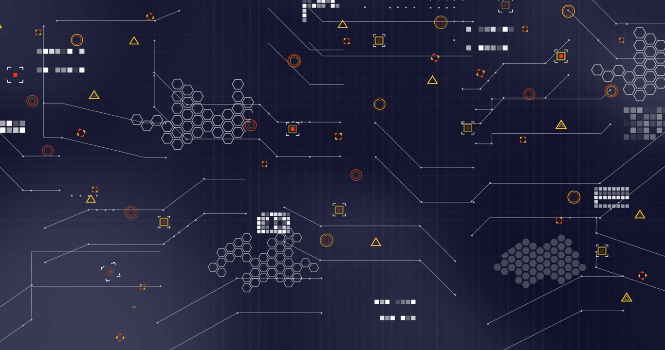 Animation of financial data processing over dark background