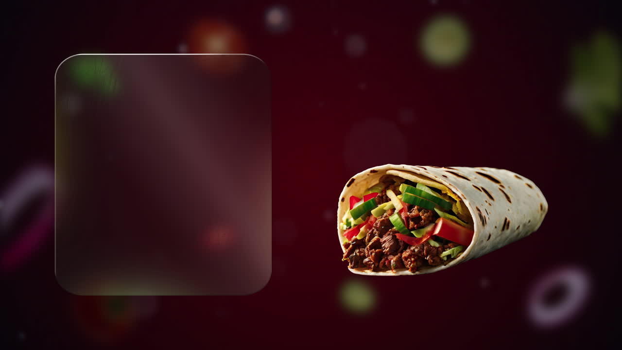 Shawarma doner gyros kebab with cucumber and tomatoes (red background) - rich tones, floating Ingredients and a stylish transparent panel to add your own message