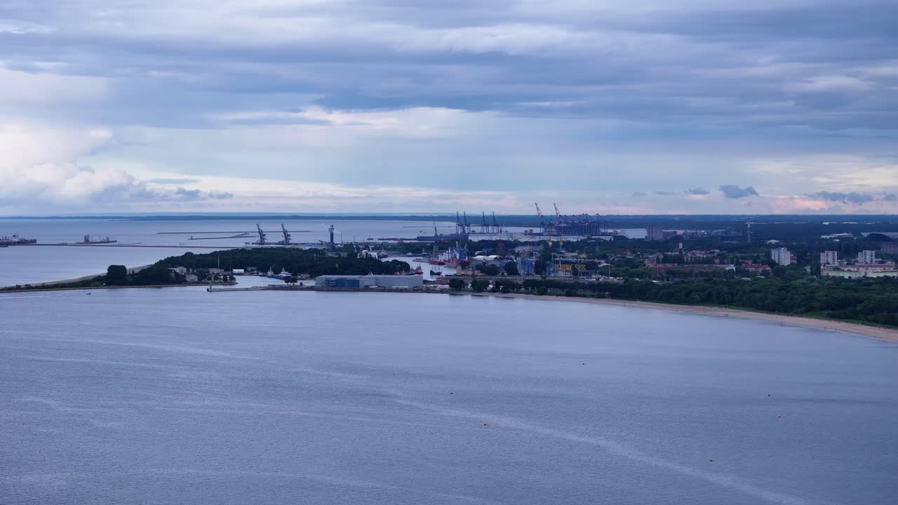Aerial View of a Coastal City with a Busy Port