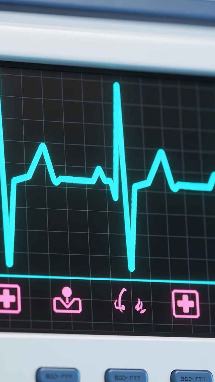 Vertical video: Starting QRS spike, turquoise ECG trace scrolling on monitor, pink icons shifting