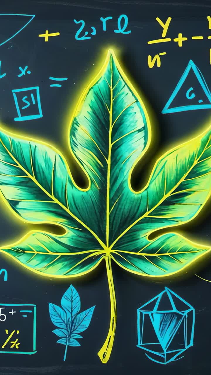 Vertical video: Showing green leaf glowing yellow on chalkboard, equations and small leaf sketch