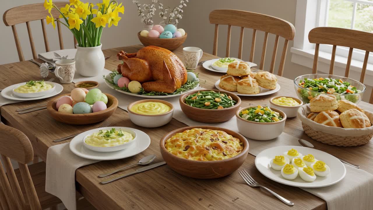 A Festive Table Set for a Celebration Featuring a Roast Turkey and Assorted Dishes Surrounded by Colorful Eggs and Fresh Flowers