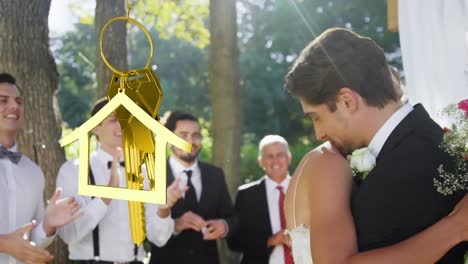 animation of house and key over married caucasian couple embracing