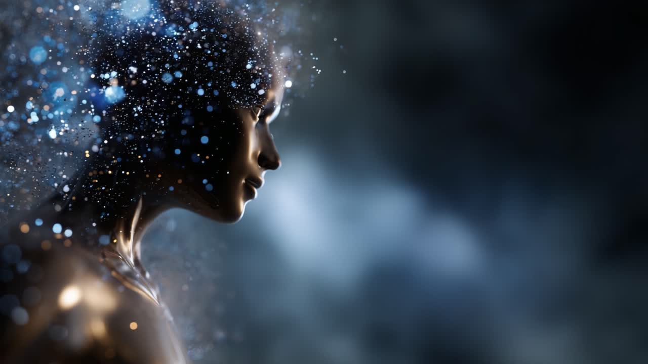A Mystical Portrait of a Human Silhouette Surrounded by a Cosmic Stream of Light, Stars, and Particles, Reflecting Depth and Imagination in a Dark Atmosphere