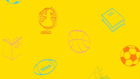 Animation-of-school-icons-on-yellow-background