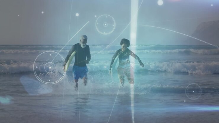 Surfers walking through ocean waves with digital network animation overlay