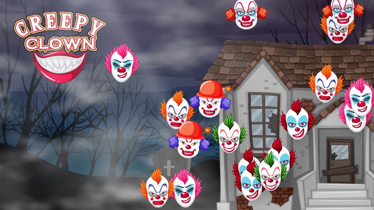 Teste di clown in stile cartone animato fluttuano attraverso una casa stregata e un cimitero sotto cieli notturni nuvolosi.