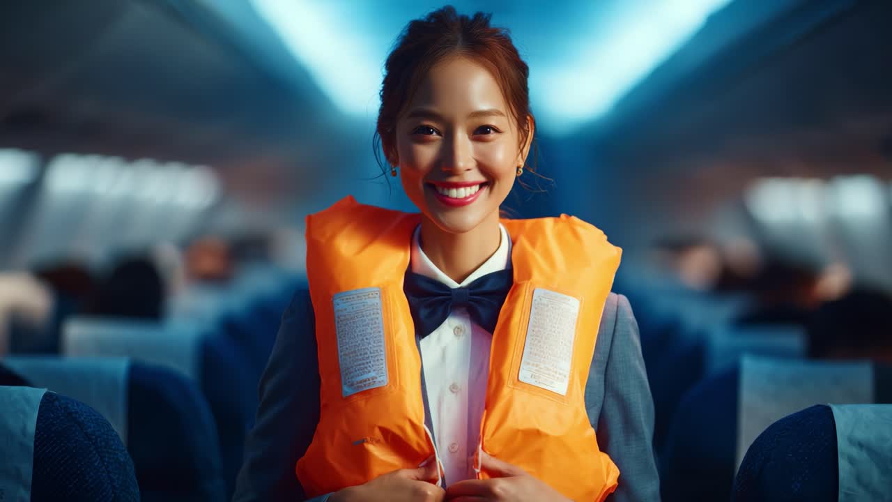 A flight attendant wearing an orange life jacket smiles brightly in the aisle of an airplane, showcasing her warm demeanor amidst a vibrant cabin atmosphere, illustrating safety and professionalism