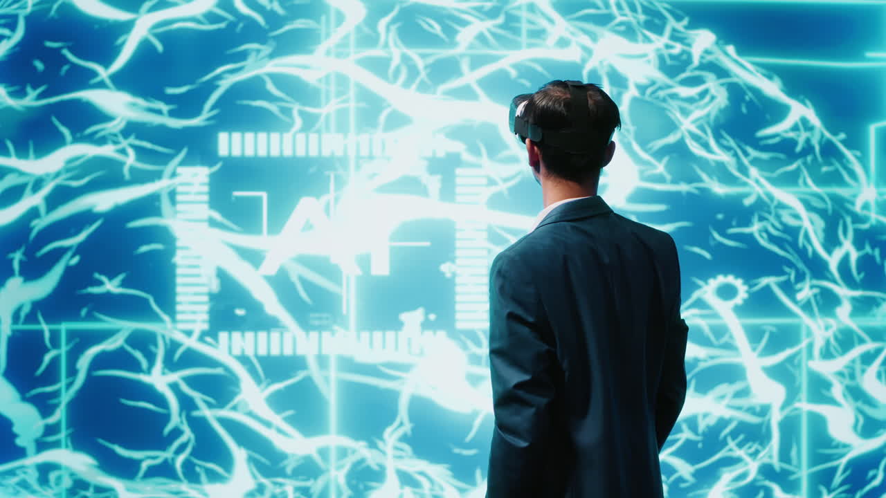 IT expert using virtual reality tech and AI systems in futuristic workspace