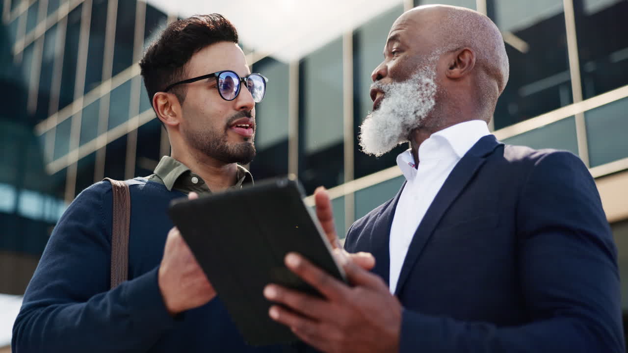 Tablet, teamwork and business people doing