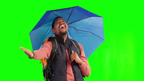 rain, singing and black man with umbrella in green