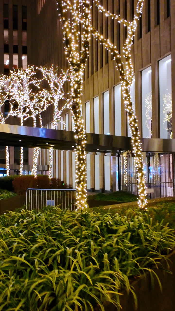 Nueva York, EE. UU., 25 de diciembre de 2025: Árboles envueltos en luces de Navidad blancas en una plaza. Árboles decorativos iluminados con guirnaldas de luces en un patio urbano con un edificio de oficinas moderno y barreras metálicas.