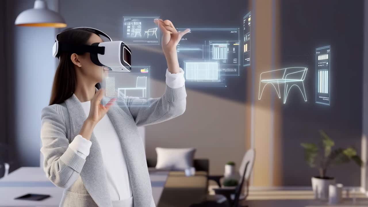 Woman in VR Headset Interacting with Holographic Design Interface