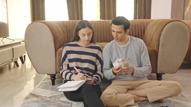 pareja india contando dinero y calculando el presupuesto