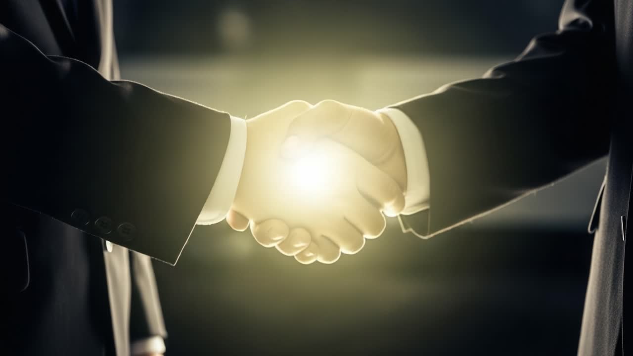 A Moment of Connection: Two Professionals Engaging in a Firm Handshake Illuminated by a Soft Glowing Light, Signifying Trust and Collaboration in Business