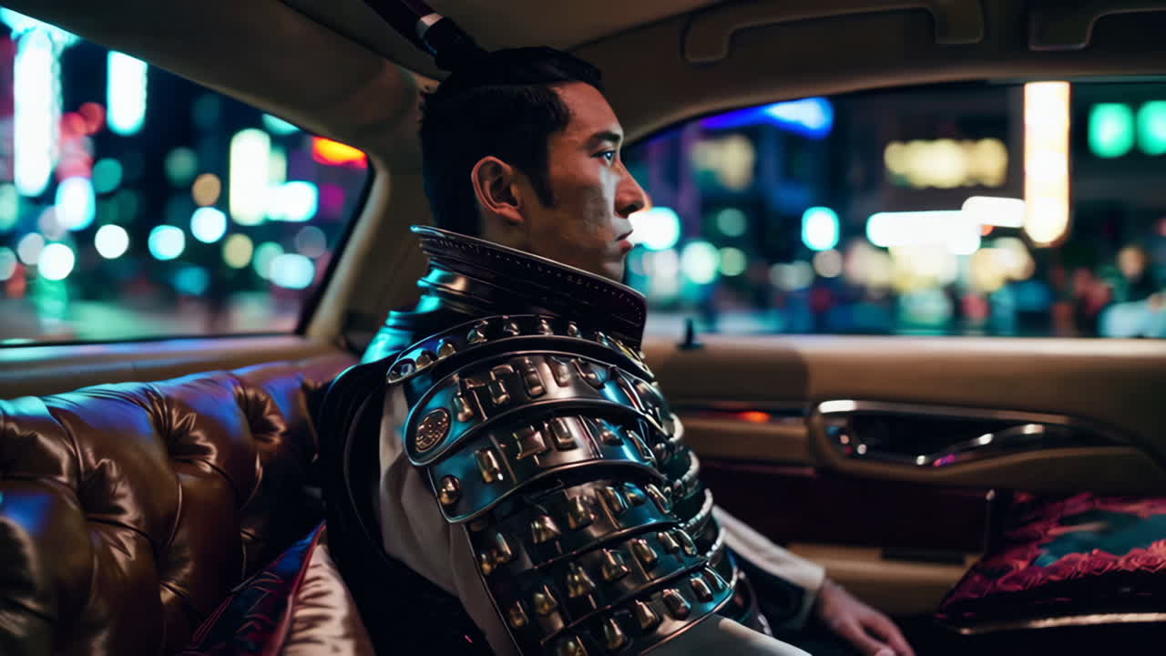 밤에 럭셔리 차에 타고 있는 사무라이