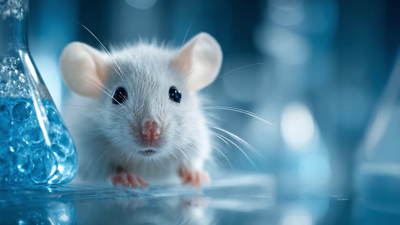 Topolino bianco curioso esplora un ambiente di laboratorio circondato da vetreria e liquido colorato in un ambiente blu brillante
