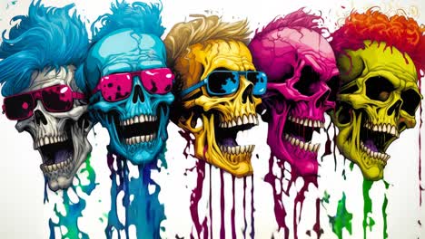 a group of colorful skulls with mohawks and sunglasses