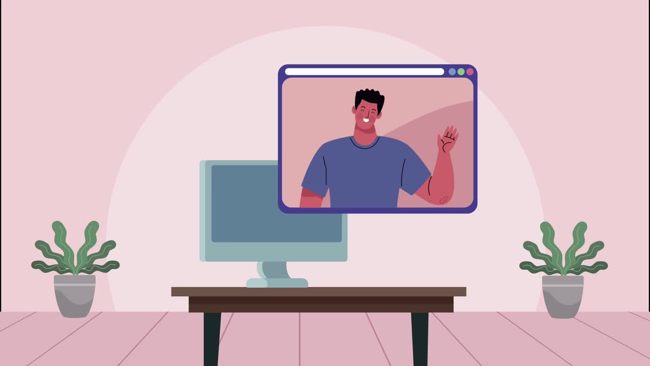 video conference animation with man in desktop
