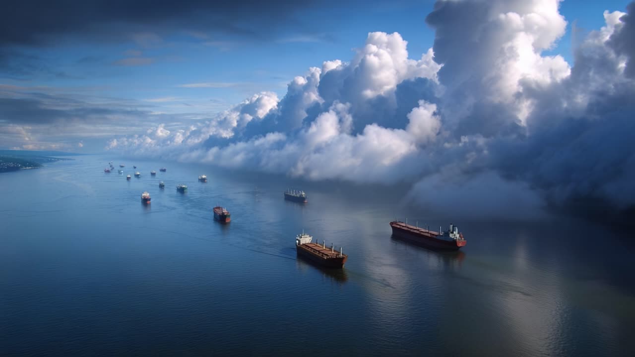 Veduta aerea di navi da carico che navigano placidamente in un ampio mare blu profondo. Nuvole spesse e drammatiche incombono sull'acqua, proiettando ombre tenui. L'orizzonte si estende lontano, sottolineando la vastità dell'oceano.