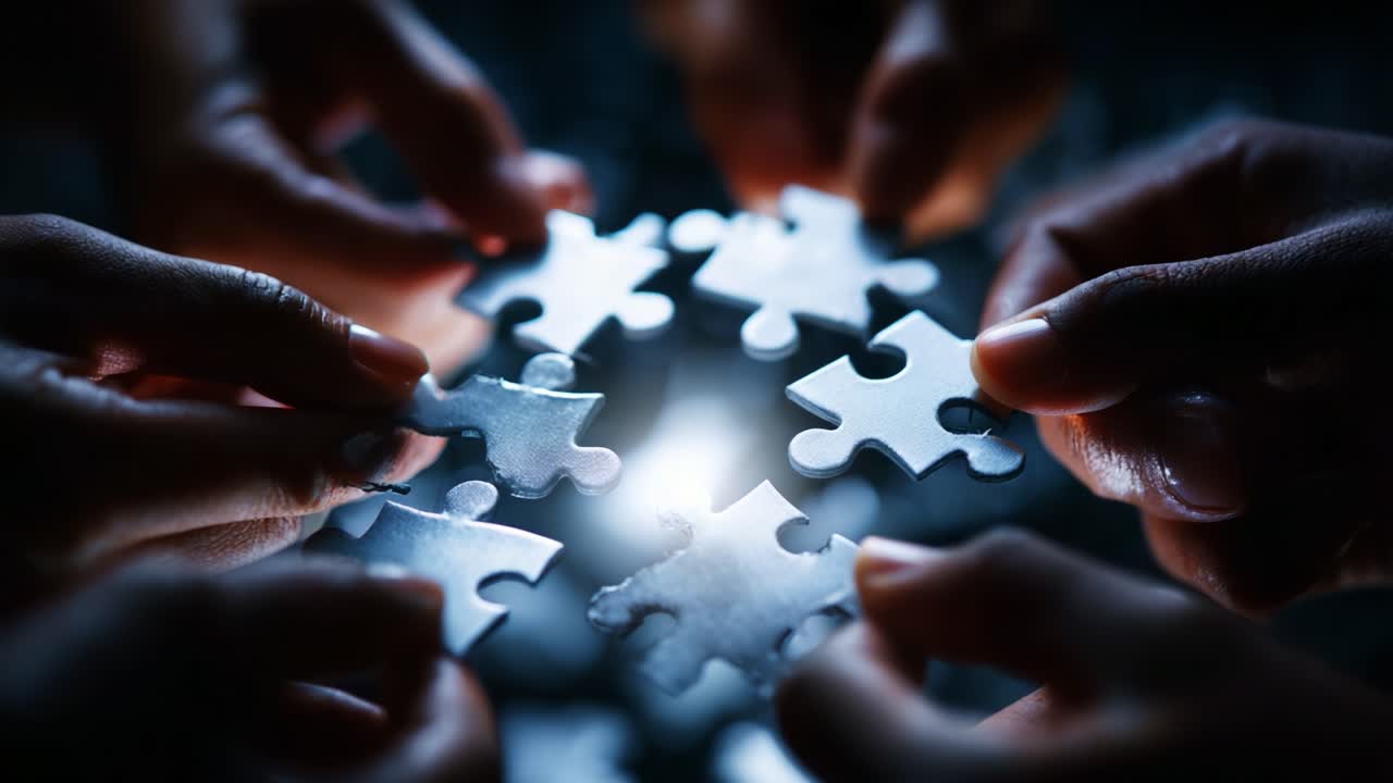 Collaboration in Action: A Group of Hands Assembles Interlocking Puzzle Pieces Against a Dark Background, Signifying Teamwork and Unity in Creating a Complete Picture