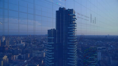 financial data and stock market animation over cityscape with tall buildings