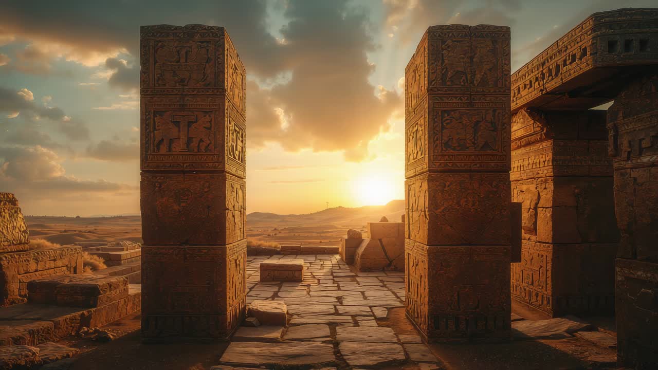 Framing temple entrance showing paved bench and dunes while sun descending, lighting carved pillars