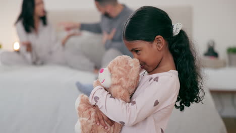 parents, fight and sad girl child with a teddy