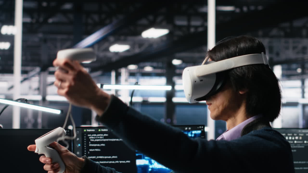 Programmer Using Vr Goggles In Data Center, Coding With Generative Ai