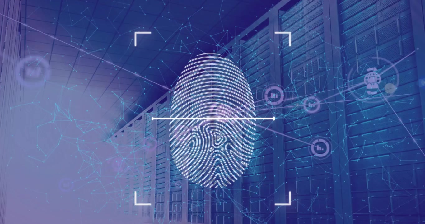 Animation of fingerprint scanner and network of connections against computer server room