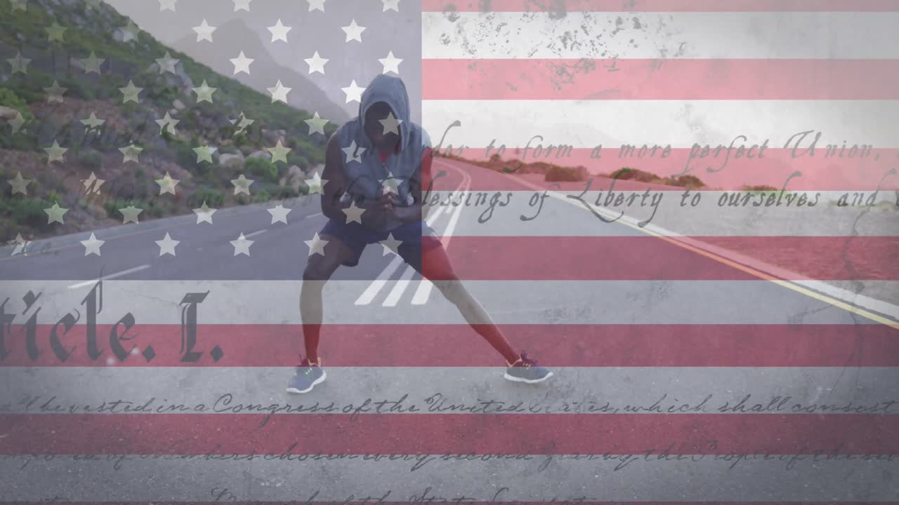 animación de la bandera estadounidense y texto moviéndose sobre el hombre estirándose en la calle