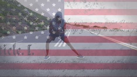 animation of american flag and text moving over man stretching on street
