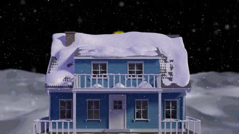 animation of snow falling over house covered in snow and winter landscape background