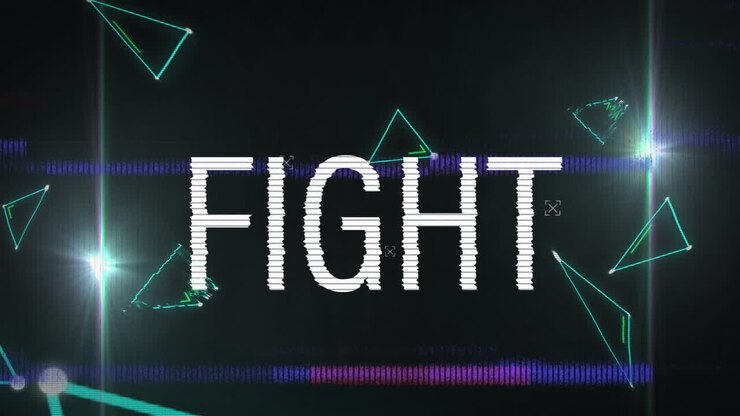 Animazione del testo 'fight' in bianco con interferenze su triangoli e luci su sfondo nero.