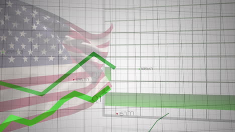 animation of data processing and green graphs over flag of america on black background