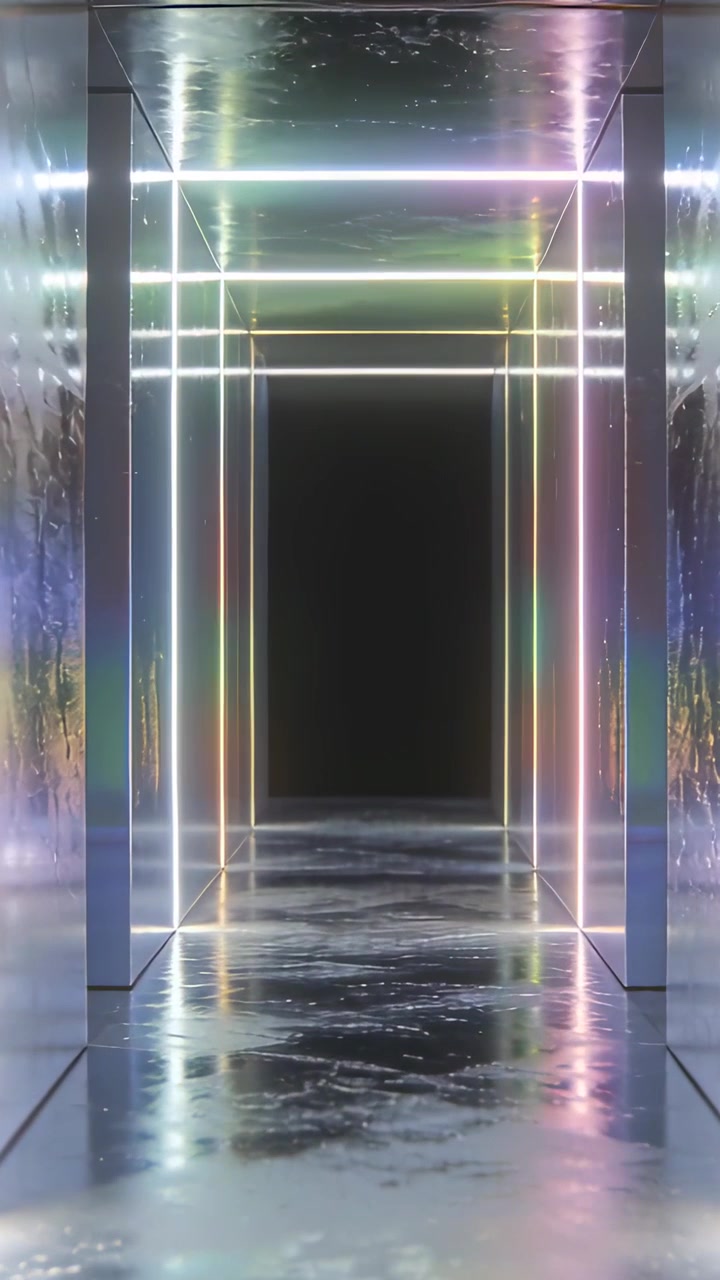 Vertical video: Moving camera revealing neon tunnel in gallery with LEDs and glossy floor for depth