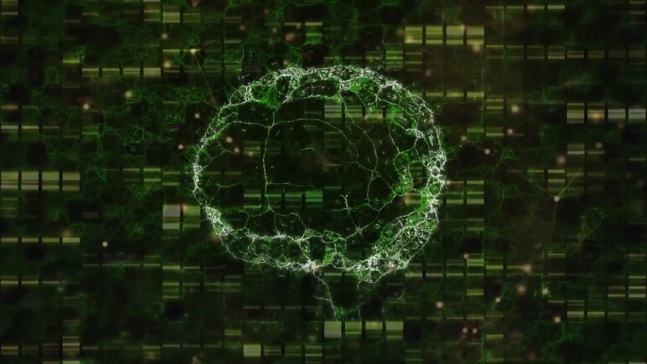 animación del cerebro girando, a través de una red de conexiones y procesamiento de datos sobre fondo negro