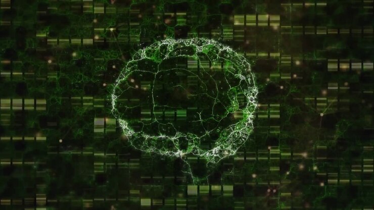 Animation of brain rotating, over network of connections and data processing on black background