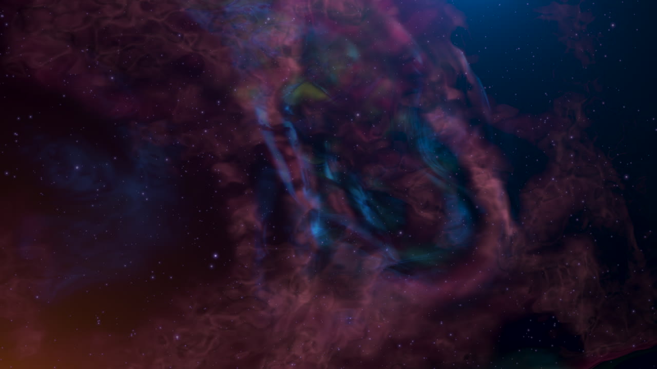 Nuvens de nebulosa animadas em azul profundo e roxo com formações lentas. Ideal para cenários de filmes de ficção científica, conteúdo educacional astronômico ou visuais ambientes com temas espaciais meditativos.