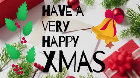 Animation-of-have-a-very-happy-xmas-text-over-christmas-decorations-and-envelopes