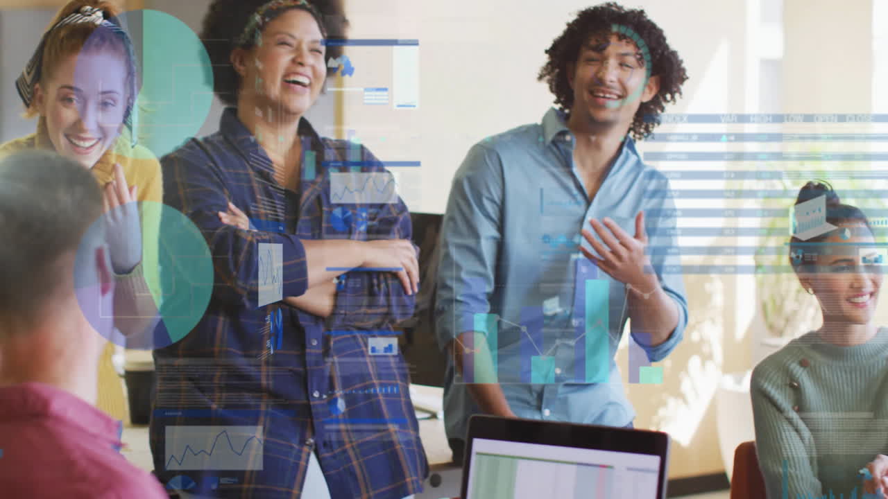 Animation of infographic interface over diverse cheerful colleagues talking and discussing in office