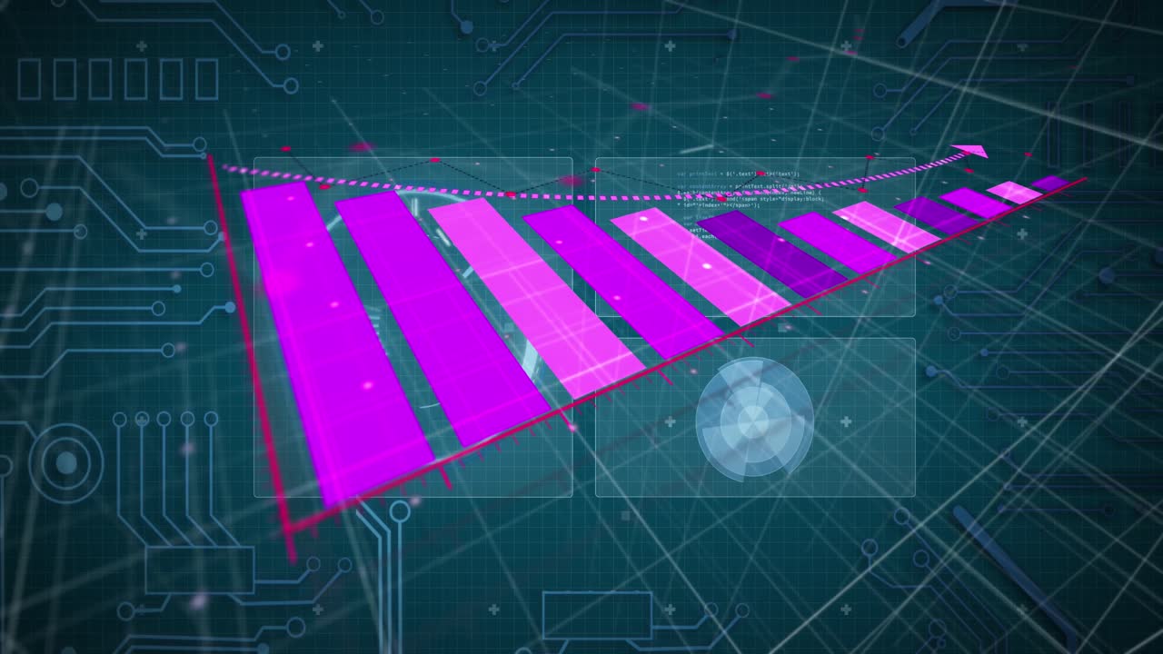 animación de gráficos rosados sobre gráficos y procesamiento de datos en interfaz oscura