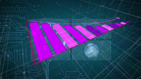 Animation-of-pink-graph-over-charts-and-data-processing-on-dark-interface