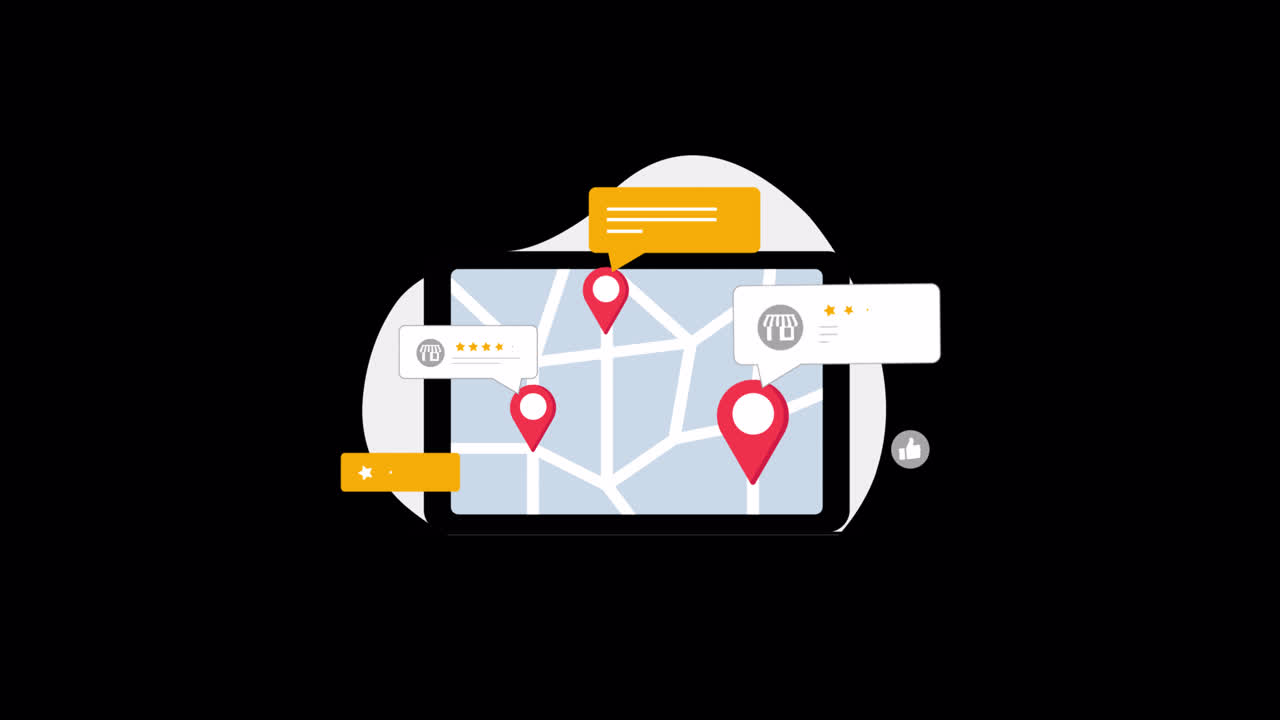 Tablet Animato che Mostra una Mappa con Indicatori di Posizione e Recensioni dei Clienti
