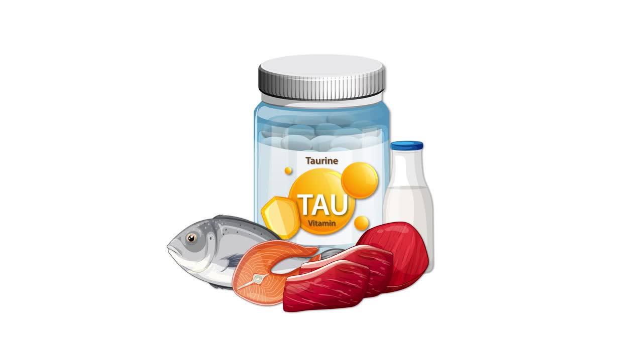 Taurine supplement bottle with fish, meat, milk, and eggs smoothly appear in clean, bright animation