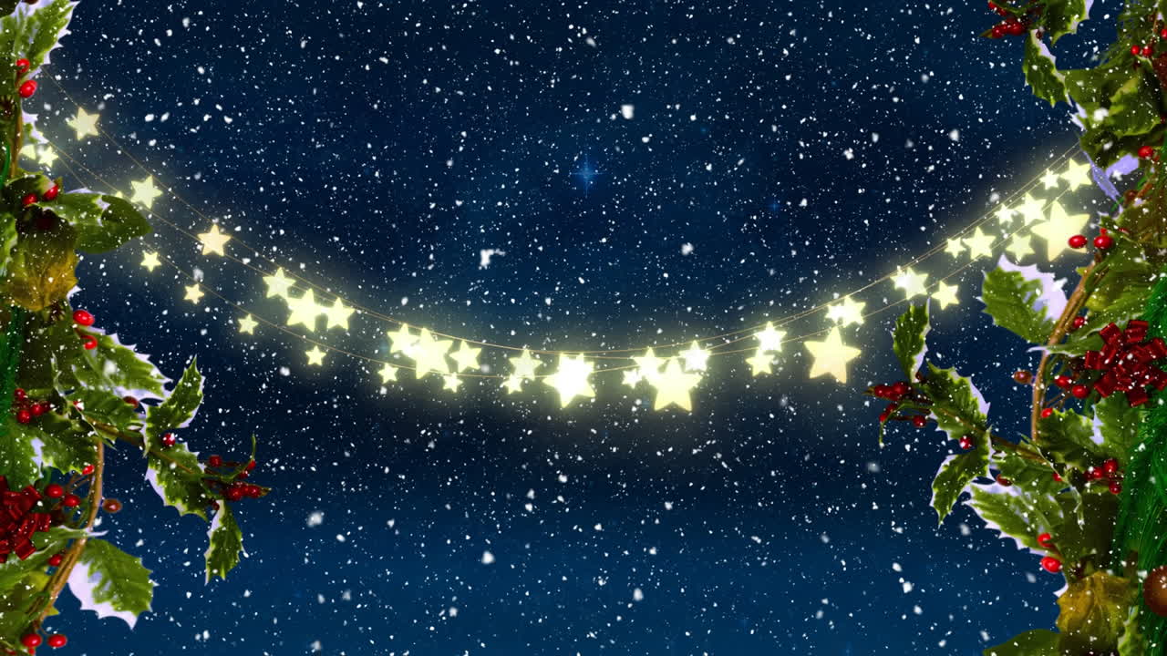 Digitaalinen animaatio lumisateesta tähtikuvioisten jouluvalojen ja joulukoristeiden yllä.