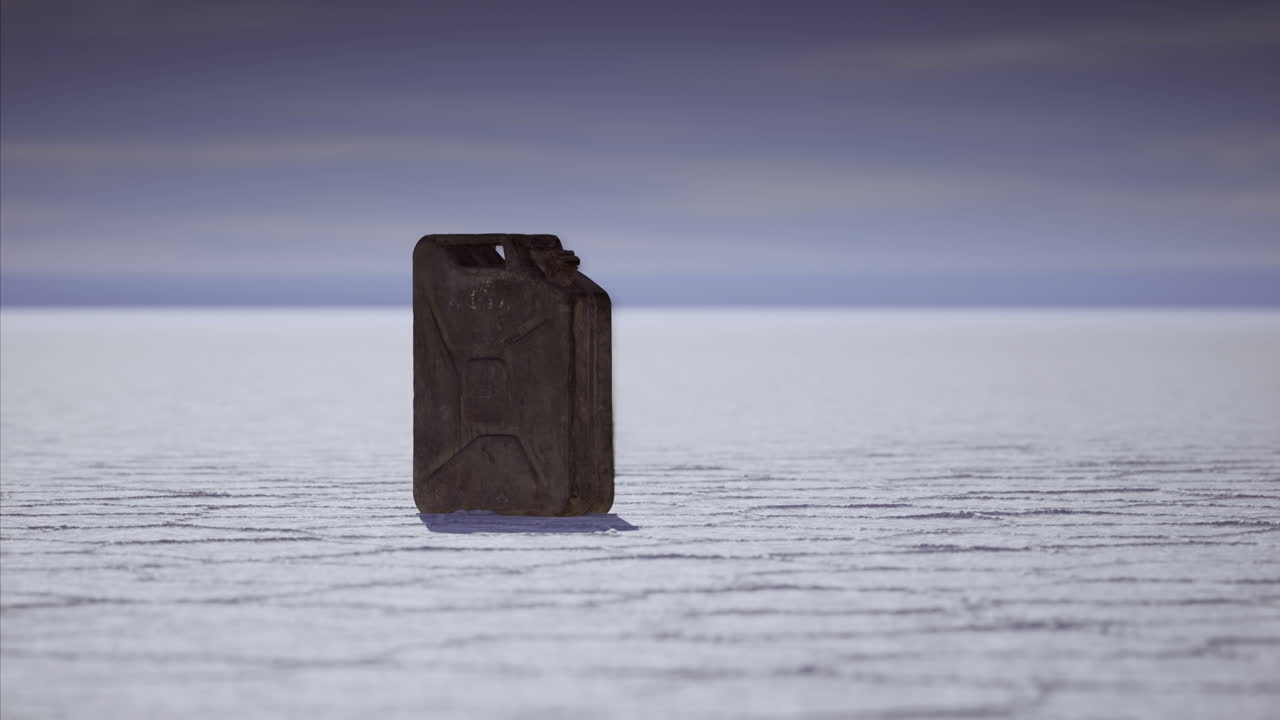 Lonely jerry can on salt flat under cloudy sky during twilight hours