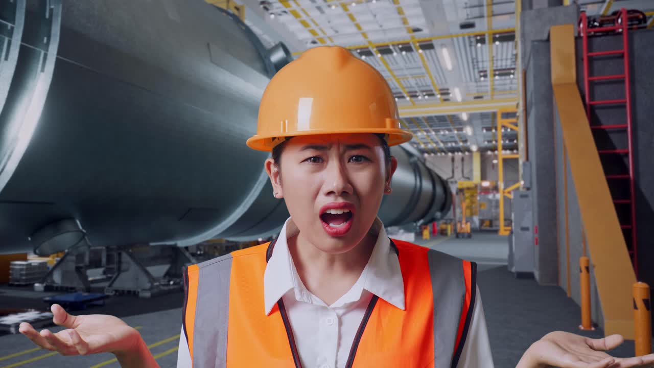 안전 헬을 입은 아시아 여성 엔지니어가 파이프 제조 공장에서 의심스럽게 일하는 이유를 말합니다.